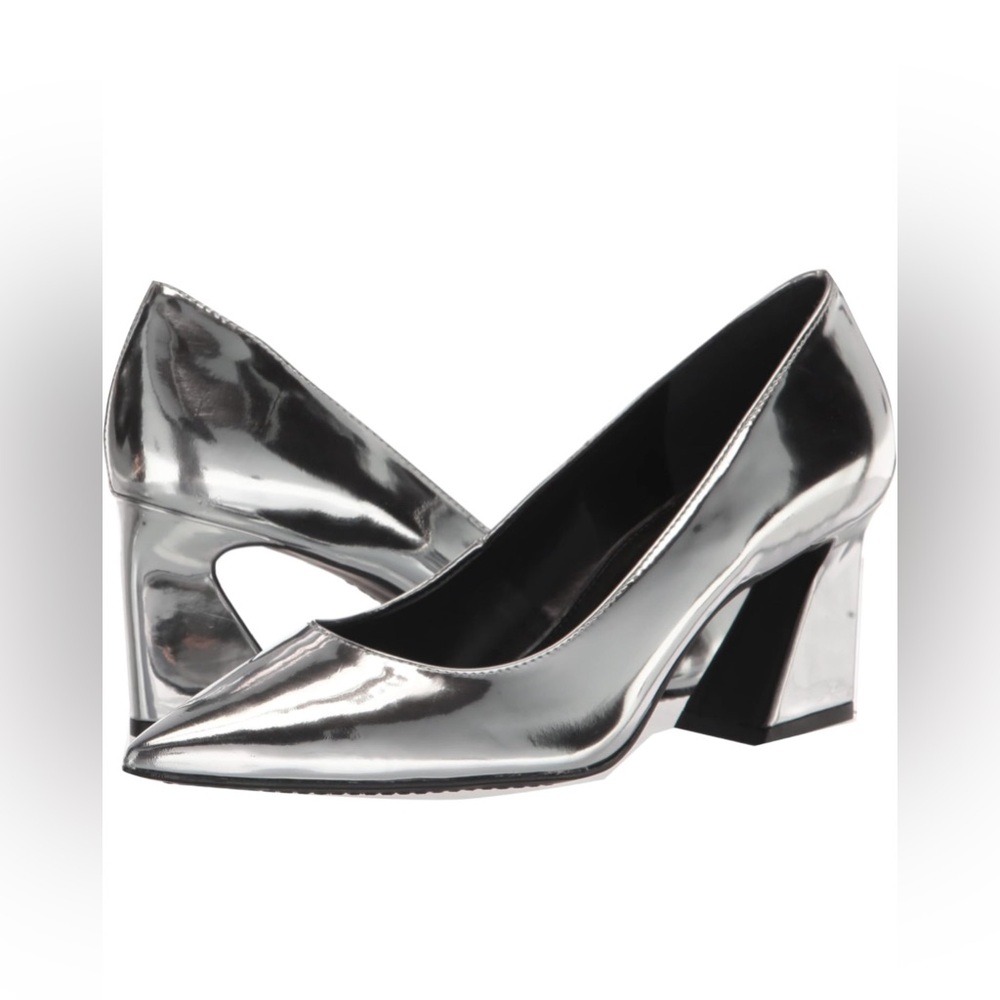Vince Camuto silver pointed toe stacked  heels formal slip on pumps shoes